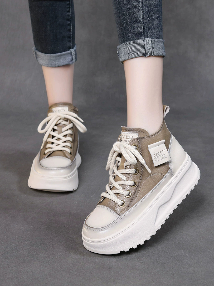 Women Retro Leather Patchwork Platform Lace-Up Shoes