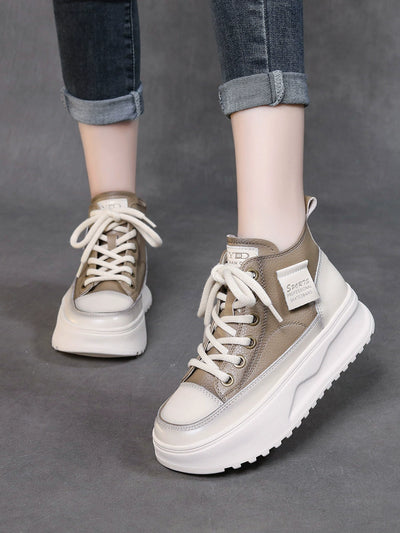 Women Retro Leather Patchwork Platform Lace-Up Shoes
