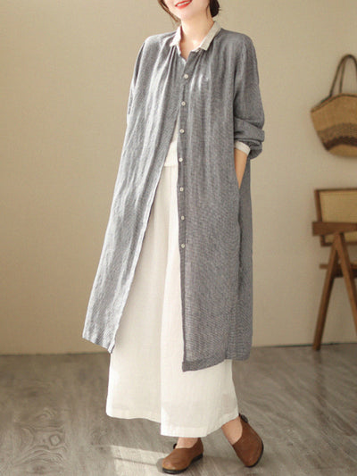 Women Casual Plus Size Houndstooth Plaid Linen Mid-Length Jacket
