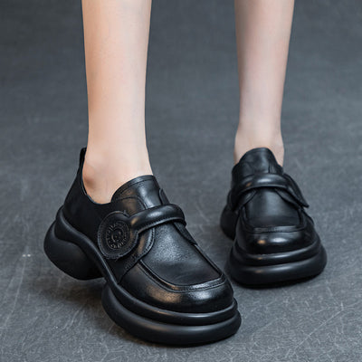 Women Retro Genuine Leather Wide Soft Sole Velcro Flats