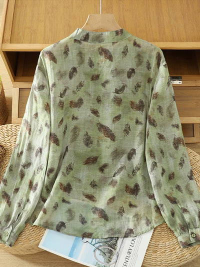 Autumn Ramie V-Neck Printed Comfortable Loose Shirt
