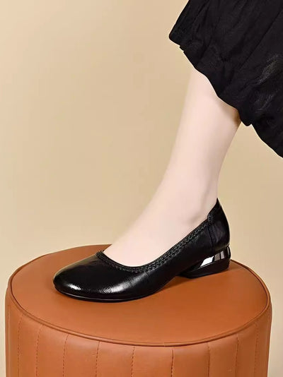 Genuine Leather Round Toe Shallow Slip-On Chunky Shoes