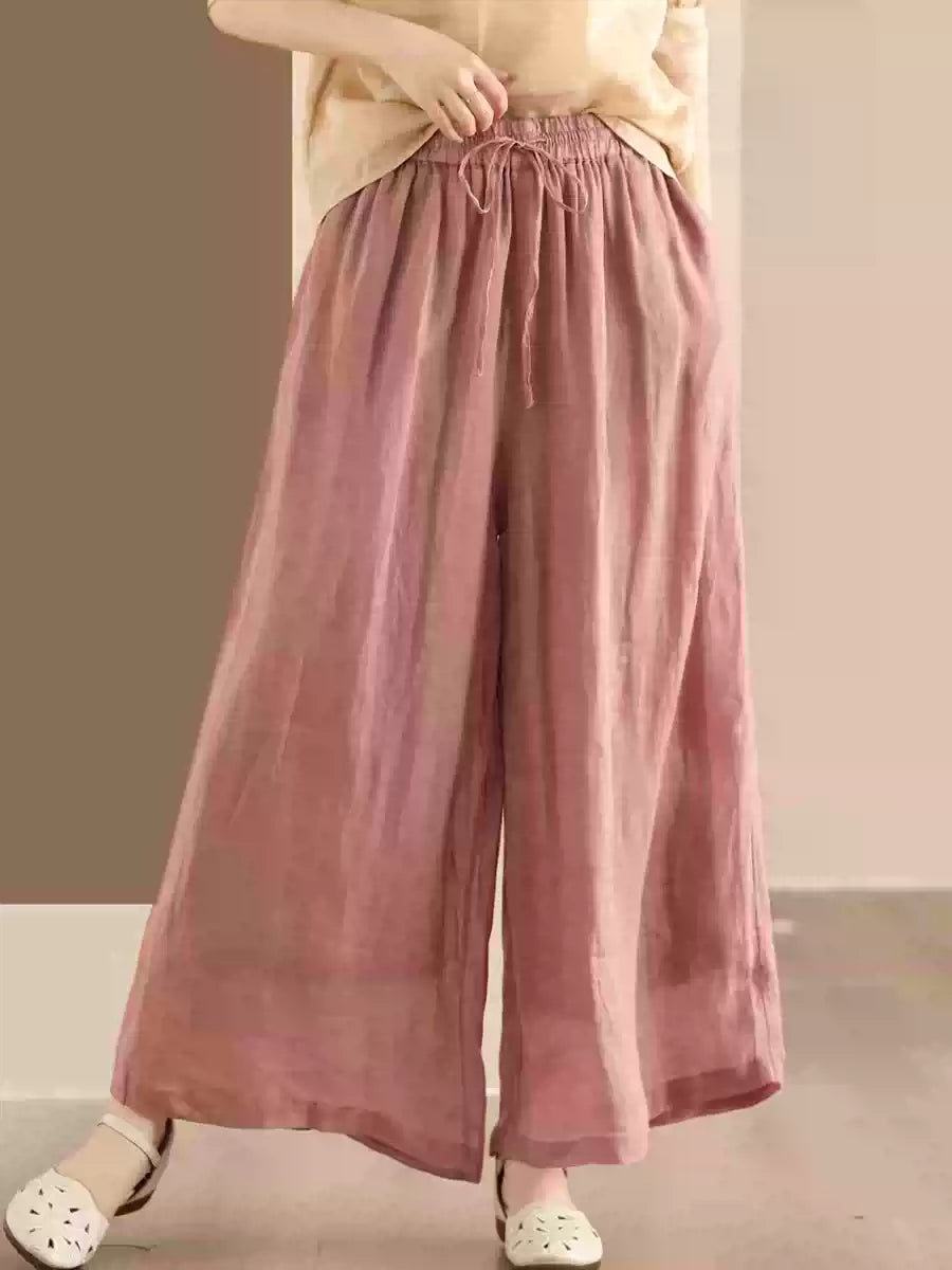 Women Retro Linen Loose Solid Color Wide Leg Lace-Up Pants
