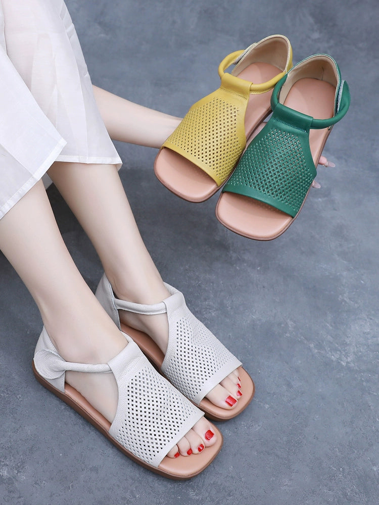 Babakud Summer Retro Breathable Leather Hollow Soft Sole Sandals
