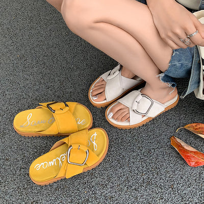 Women Summer Leather Suede Flat Sole Crossover Strap Slides