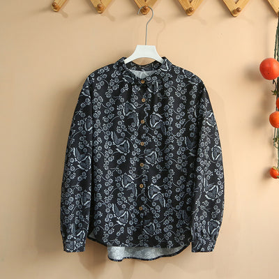 Women Retro Floral Long-Sleeved Casual Cotton Shirt