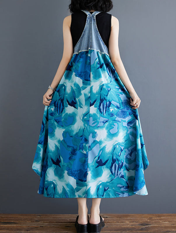 knee length dresses for ladies Women¡¯s Floral Spaghetti Strap Denim Patchwork Maxi Dress – Babakud