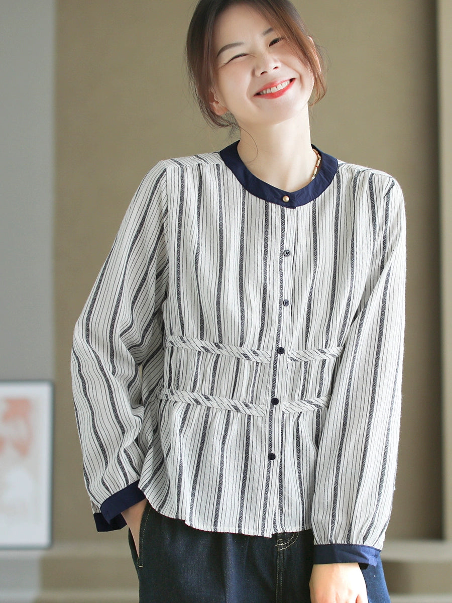 Babakud Autumn Cotton Striped Round Neck Patchwork Shirt