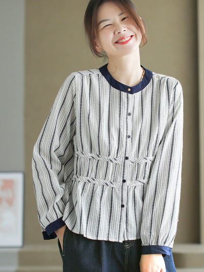 Babakud Autumn Cotton Striped Round Neck Patchwork Shirt