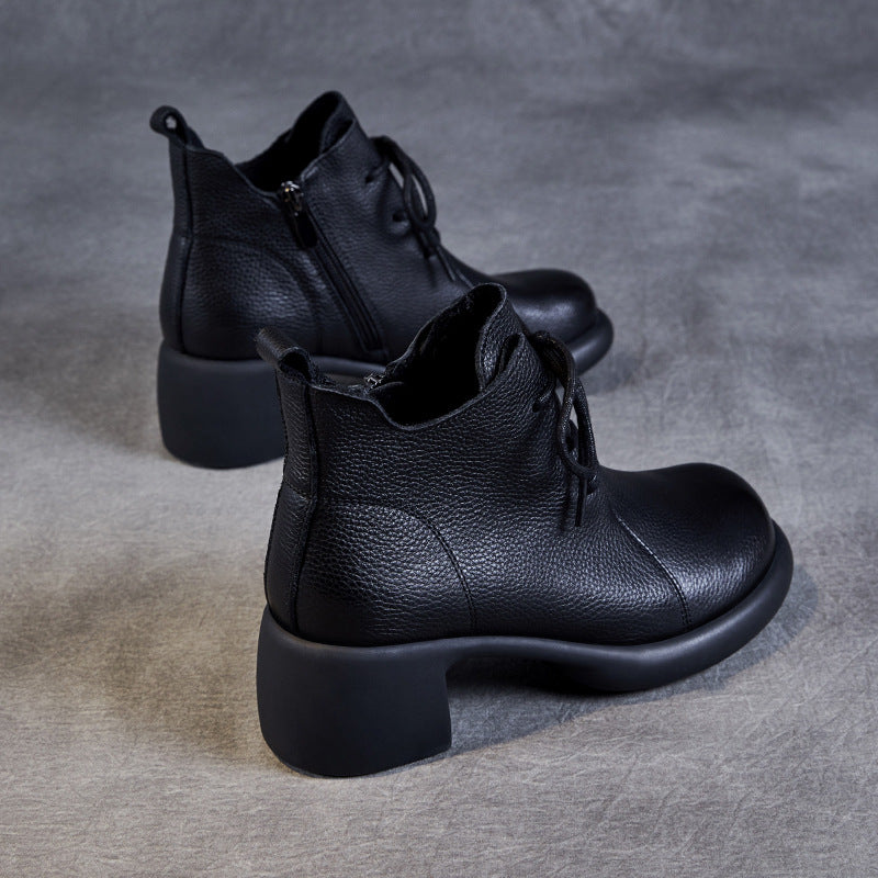 Babakud Top Leather Round Toe Soft Sole Lace-Up Chunky Boots