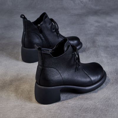 Babakud Top Leather Round Toe Soft Sole Lace-Up Chunky Boots