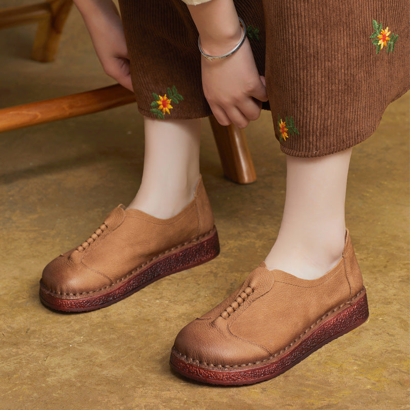 Retro Minimalist Intricate Stitching Handmade Leather Slip-Ons