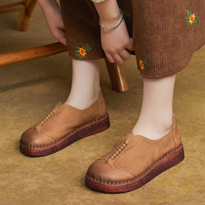 Retro Minimalist Intricate Stitching Handmade Leather Slip-Ons