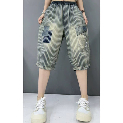 Summer Women Denim Loose Striped Patchwork Harem Shorts