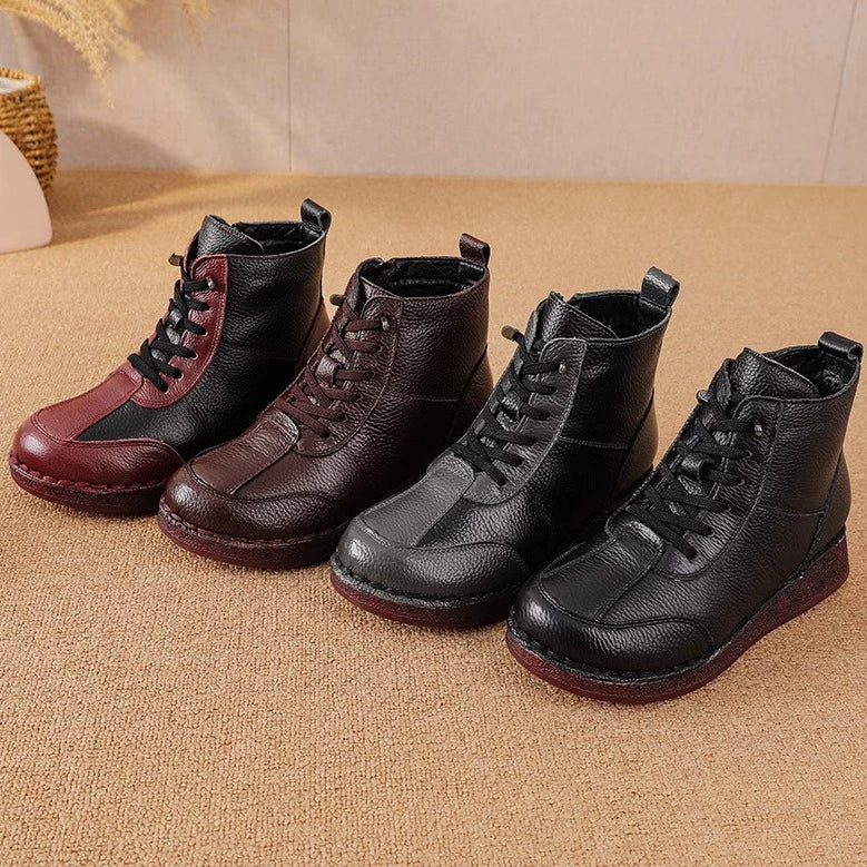 Winter Leather Fleece-In Patchwork Wide Toe Soft Sole Ankle Boots