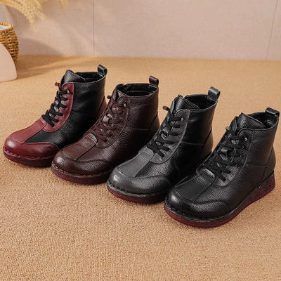 Winter Leather Fleece-In Patchwork Wide Toe Soft Sole Ankle Boots