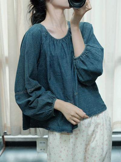 Babakud Retro Denim Round Neck Loose Casual Shirt