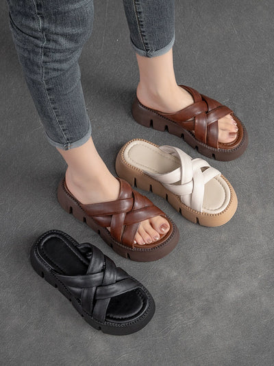 Summer Leather Cool Woven Thick Flat Sole Slippers