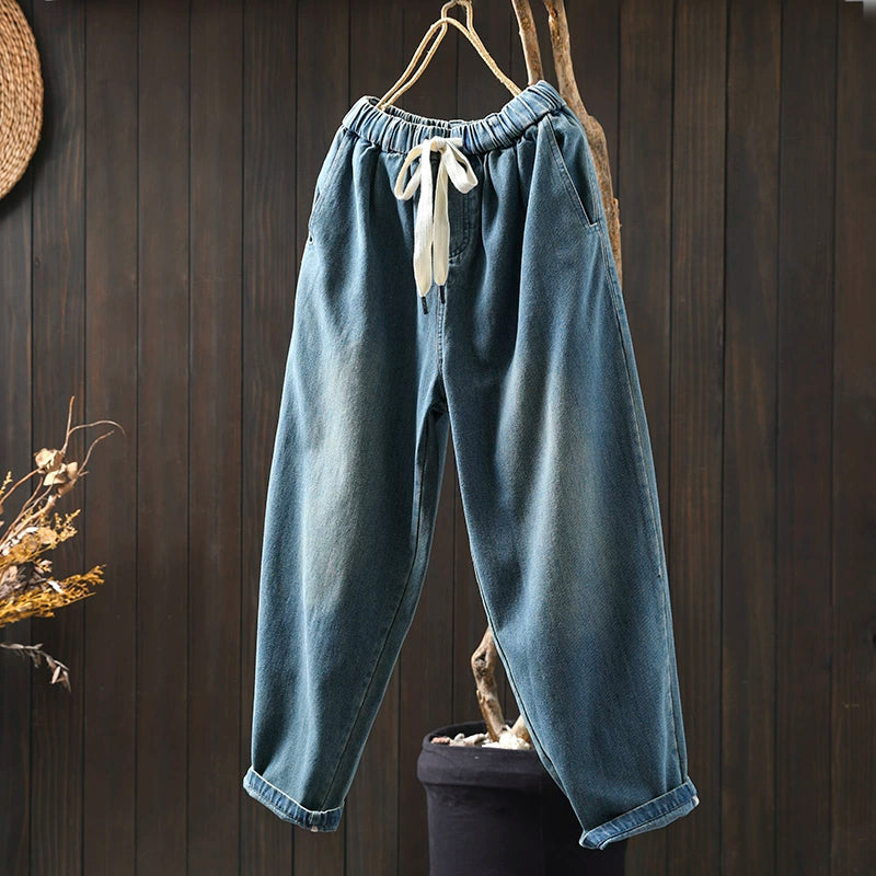 Women Spring Retro Denim Casual Loose Harem Pants