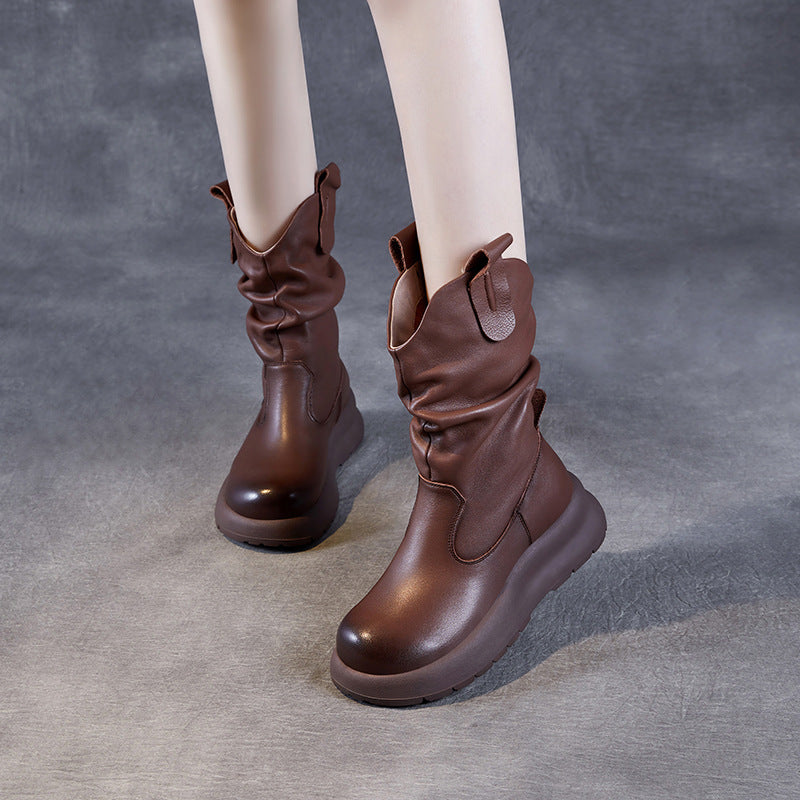 Babakud Autumn Top Leather Casual Round Toe Mid-Calf Boots