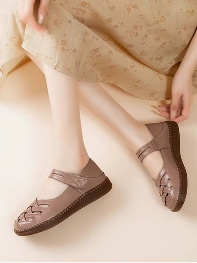 Leather Breathable Casual Closed Toe Woven Shallow Velcro Sandals