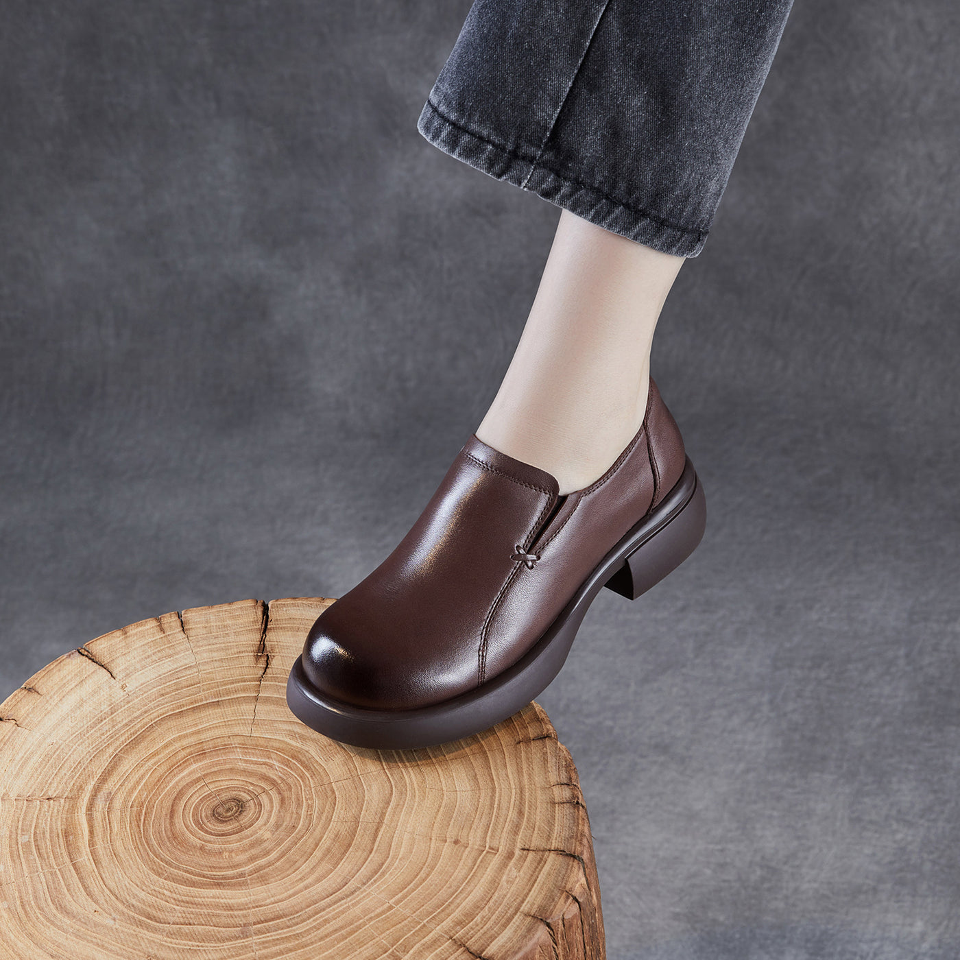 Genuine Leather Casual Shallow Soft Thick Sole Chunky Shoes