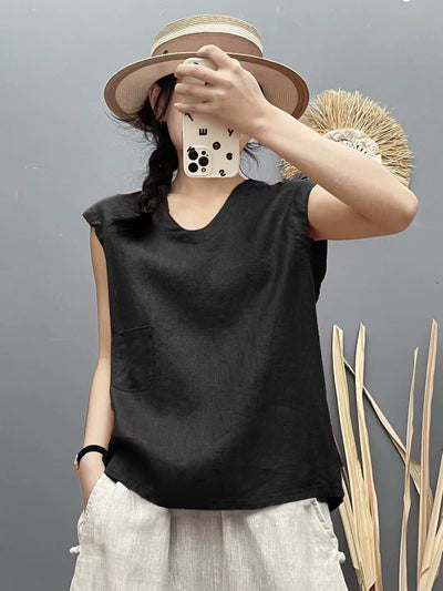 Women Summer Linen Round Neck Sleeveless Solid Color Vest