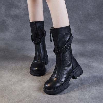Babakud Autumn Leather Printed Round Toe Front Zipper Boots