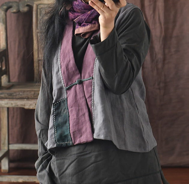 Women Retro Linen Patchwork Sleeveless Linen Vest
