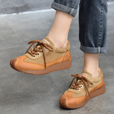 Women Casual Genuine Leather Soft Sole Patchwork Lace-Up Sneakers