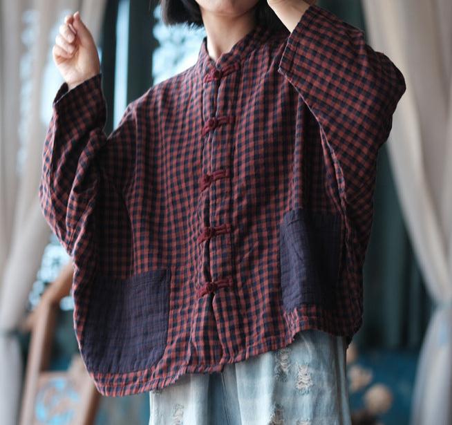 Women Casual Pockets Patchwork Plaid Cotton Shirt