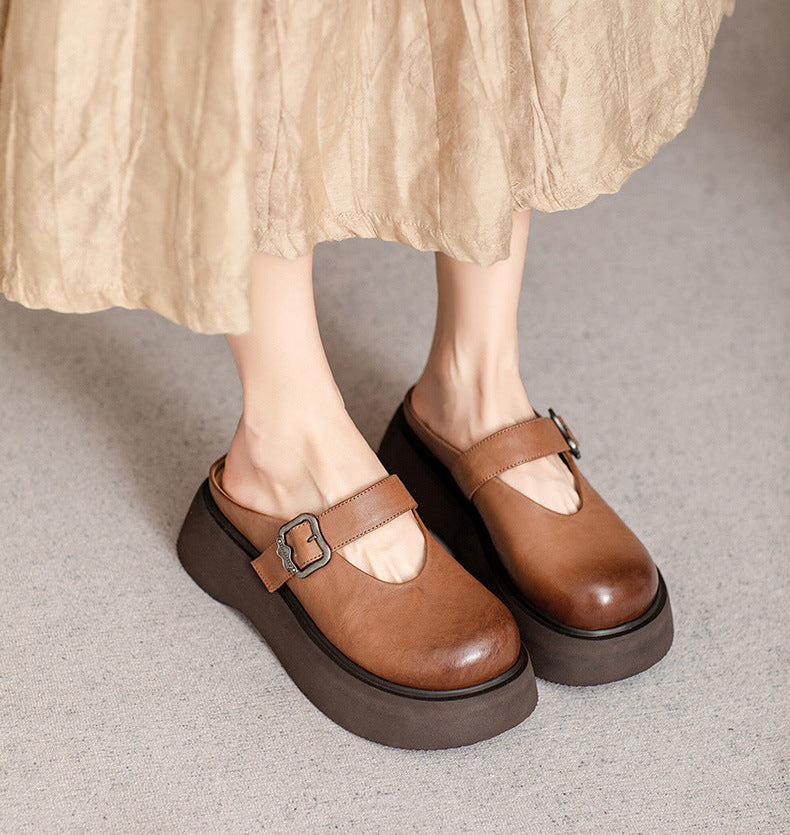 Ladies Genuine Leather Comfortable Platform Wedge Slippers