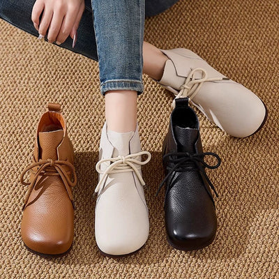 Genuine Leather Retro Round Toe Lace-Up Ankle Boots