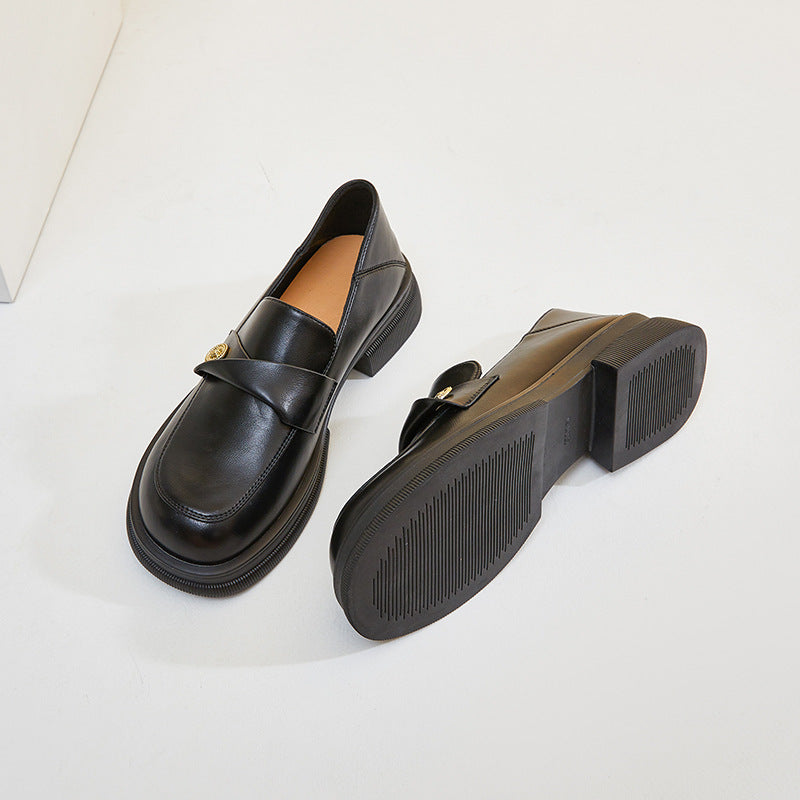 Black Fashion Genuine Leather Wide Toe Loafers for Women
