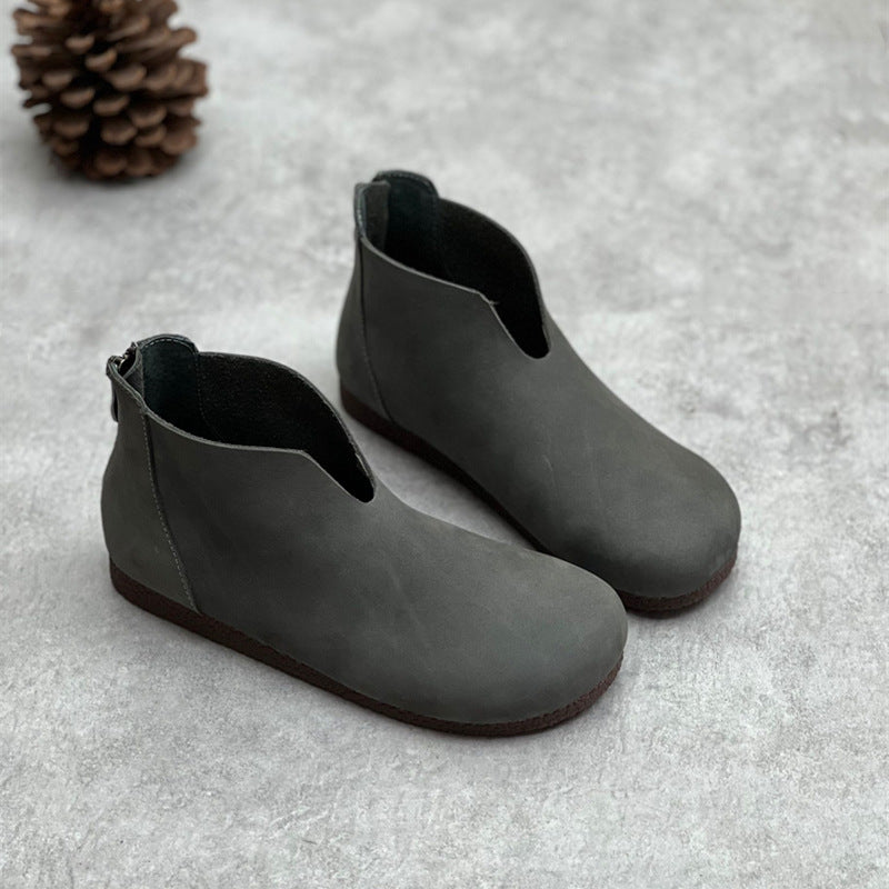 Gray Retro Minimalist Zipper Round Toe Flat Booties for Women