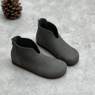 Gray Retro Minimalist Zipper Round Toe Flat Booties for Women
