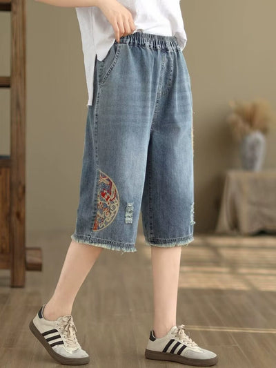 Women Summer Denim Embroidered Casual Loose Shorts