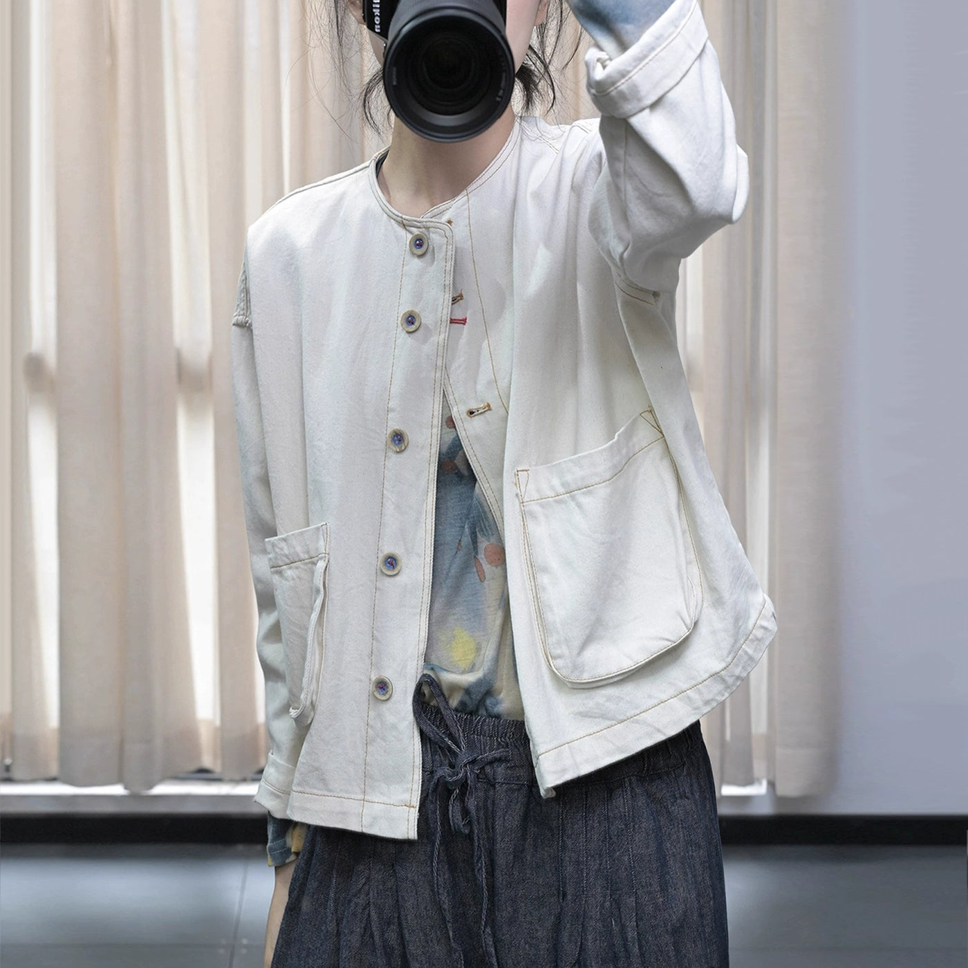 Autumn Retro Cotton Denim Round Neck Patchwork Pocket Coat