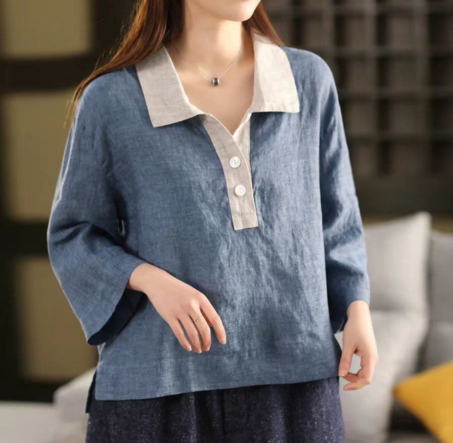 Women's Retro Loose Plaid Contrast Color Linen Polo Shirt