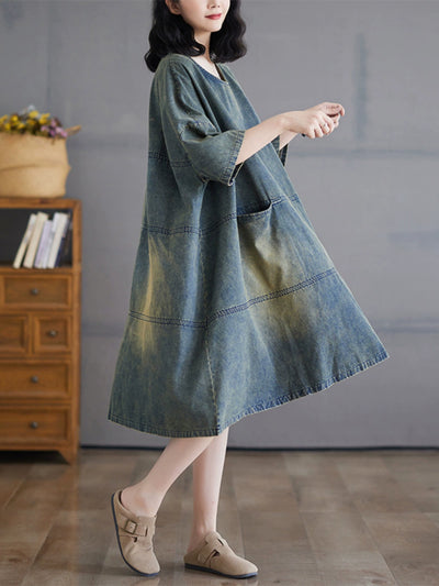 Women Spring Vintage Patchwork Denim Dress with Pockets