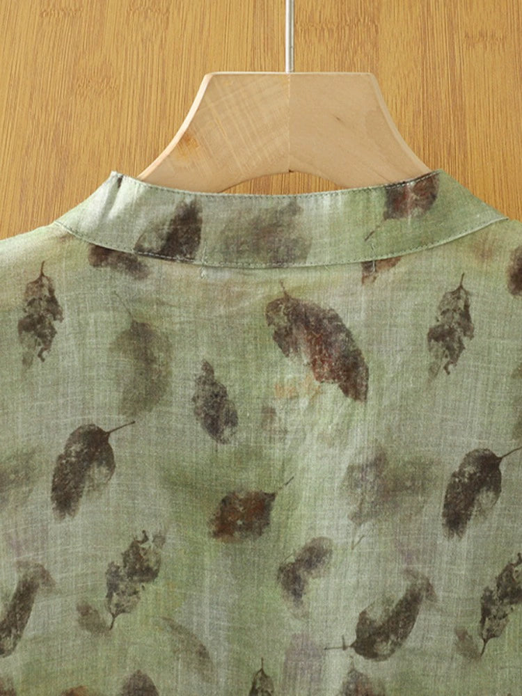 Autumn Ramie V-Neck Printed Comfortable Loose Shirt