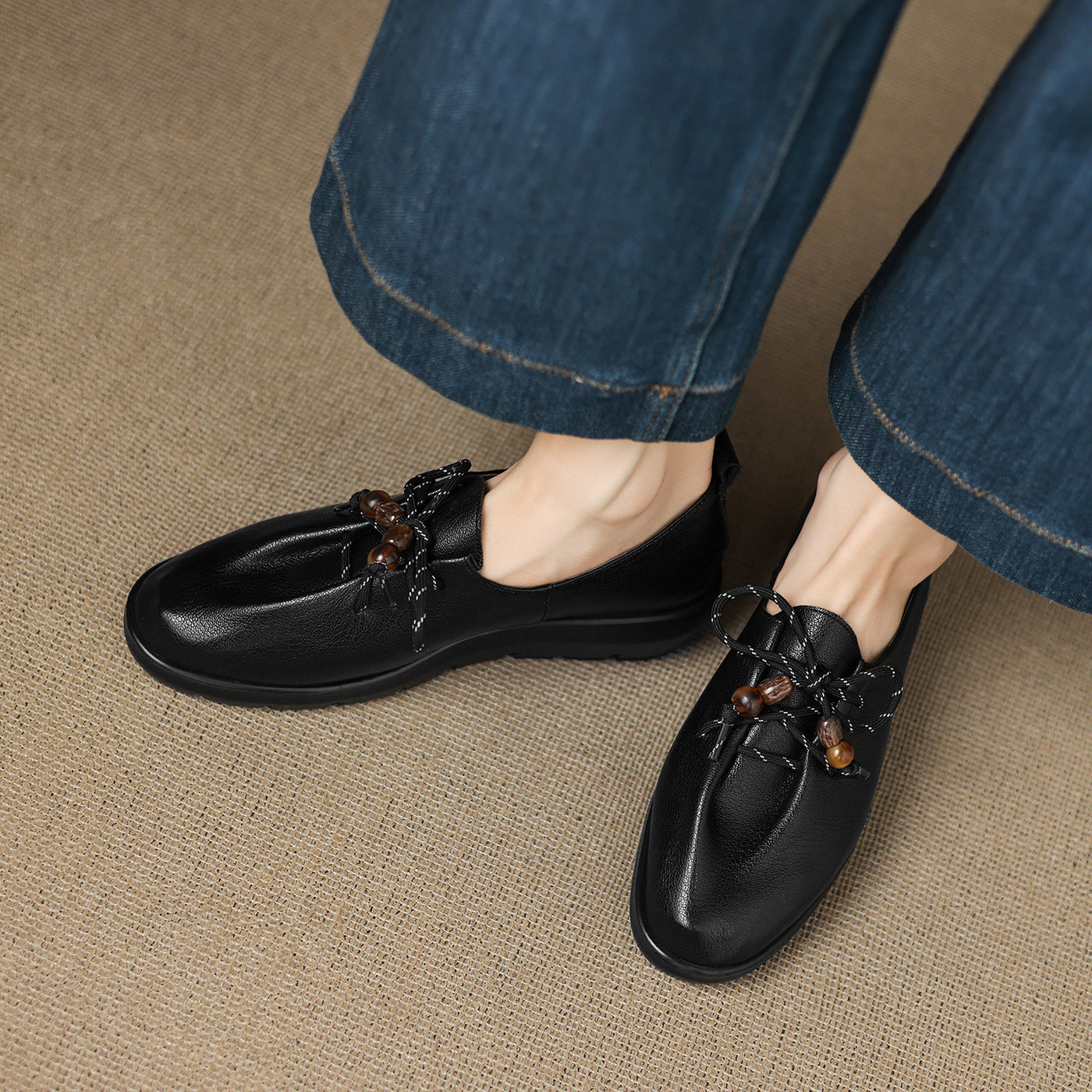 Sheepskin Leather Round Toe Lace-Up Shallow Loafer Shoes