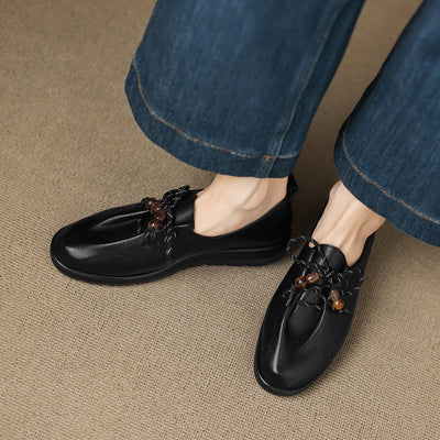 Sheepskin Leather Round Toe Lace-Up Shallow Loafer Shoes