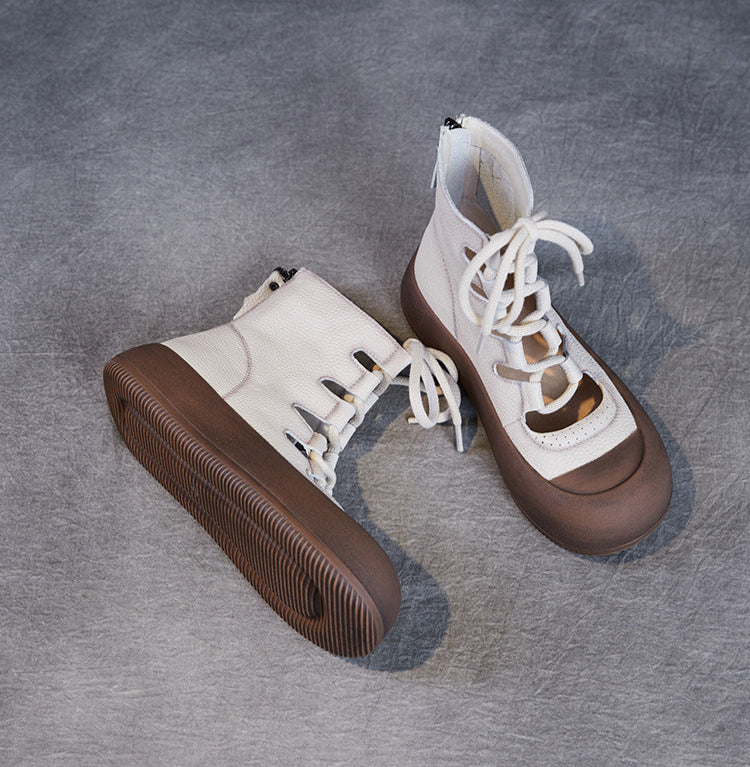 Women Retro Breathable Hollow Leather Lace-Up Short Boots