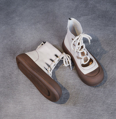 Women Retro Breathable Hollow Leather Lace-Up Short Boots