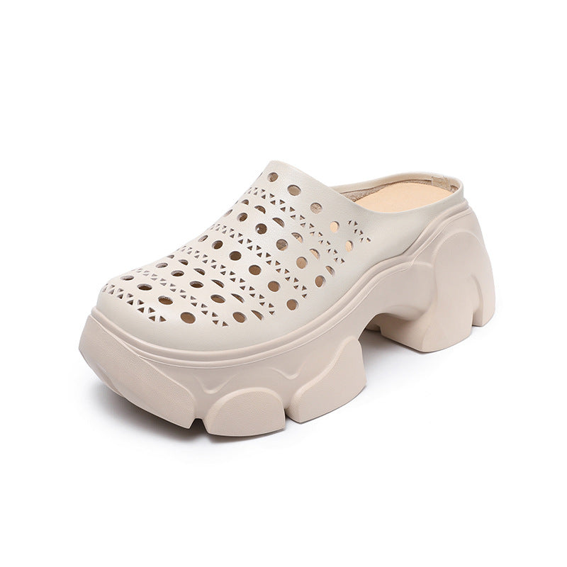 Summer Casual Leather Hollow Chunky Platform Slip On Shoes