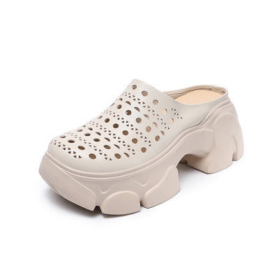 Summer Casual Leather Hollow Chunky Platform Slip On Shoes