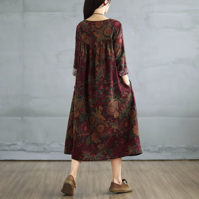 Women Autumn Retro Cotton-Linen Plus Size Printed Floral A-Line Dress