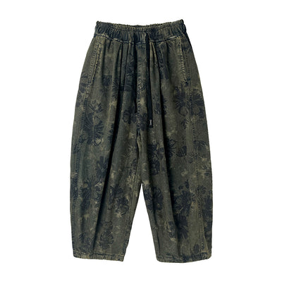 Women Spring Retro Denim Printed Floral Harem Pants