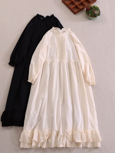 Women Spring Retro Cotton Ruffle Collar Loose Long-Sleeve Dress